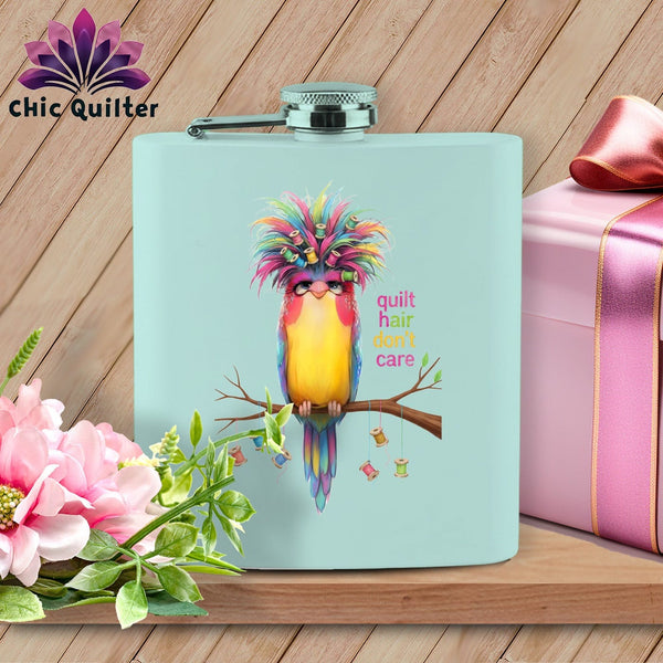 MyDesigns Physical Item 6oz / Teal Quilt Hair Don’t Care ~ Curlene Spoolworth ~ Quilter's Flask