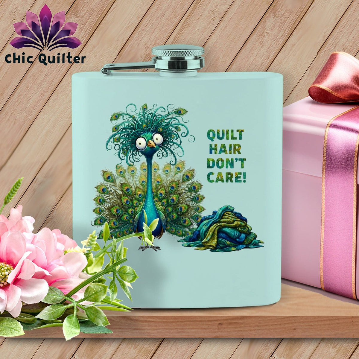 MyDesigns Physical Item 6oz / Teal Quilt Hair Don’t Care ~ Lady Plumeadora ~ Quilter's Flask