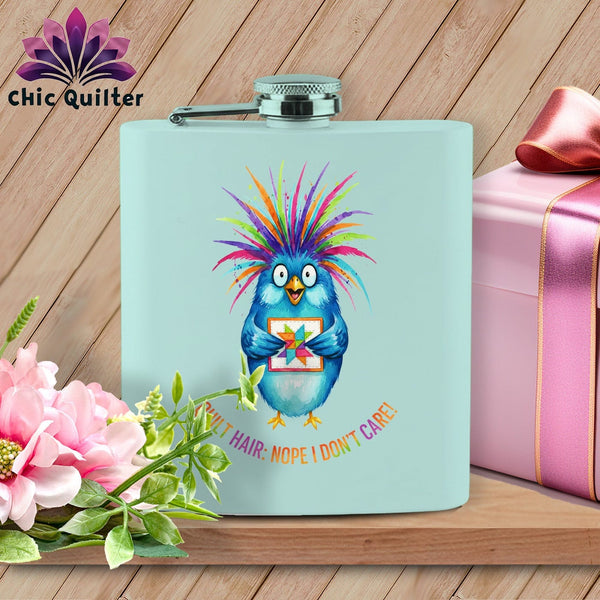MyDesigns Physical Item 6oz / Teal Quilt Hair Don’t Care ~ Ruckus Jay ~ Quilter's Flask