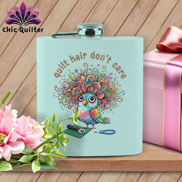 MyDesigns Physical Item 6oz / Teal Quilt Hair Don’t Care ~ Snipsy Wren ~ Quilter's Flask