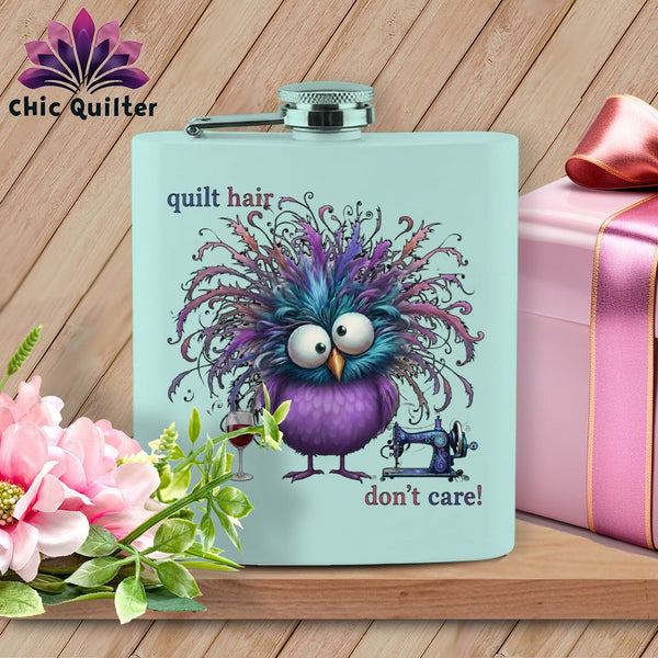 MyDesigns Physical Item 6oz / Teal Quilt Hair Don’t Care ~ Velma Nightwing ~ Quilter's Flask