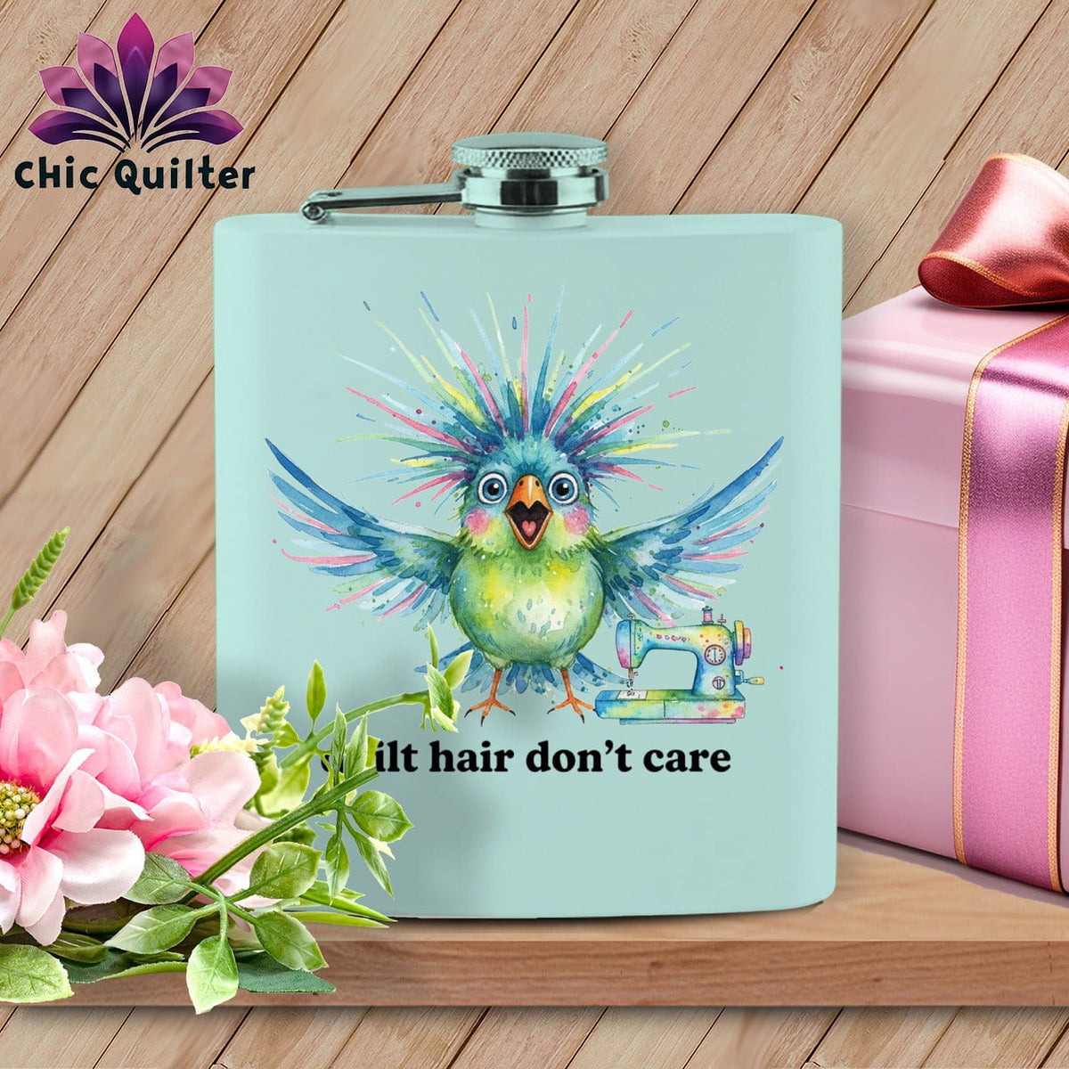 MyDesigns Physical Item 6oz / Teal Quilt Hair Don’t Care ~ Ziggy Bobbin ~ Quilter's Flask