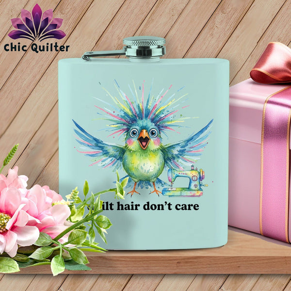 MyDesigns Physical Item 6oz / Teal Quilt Hair Don’t Care ~ Ziggy Bobbin ~ Quilter's Flask