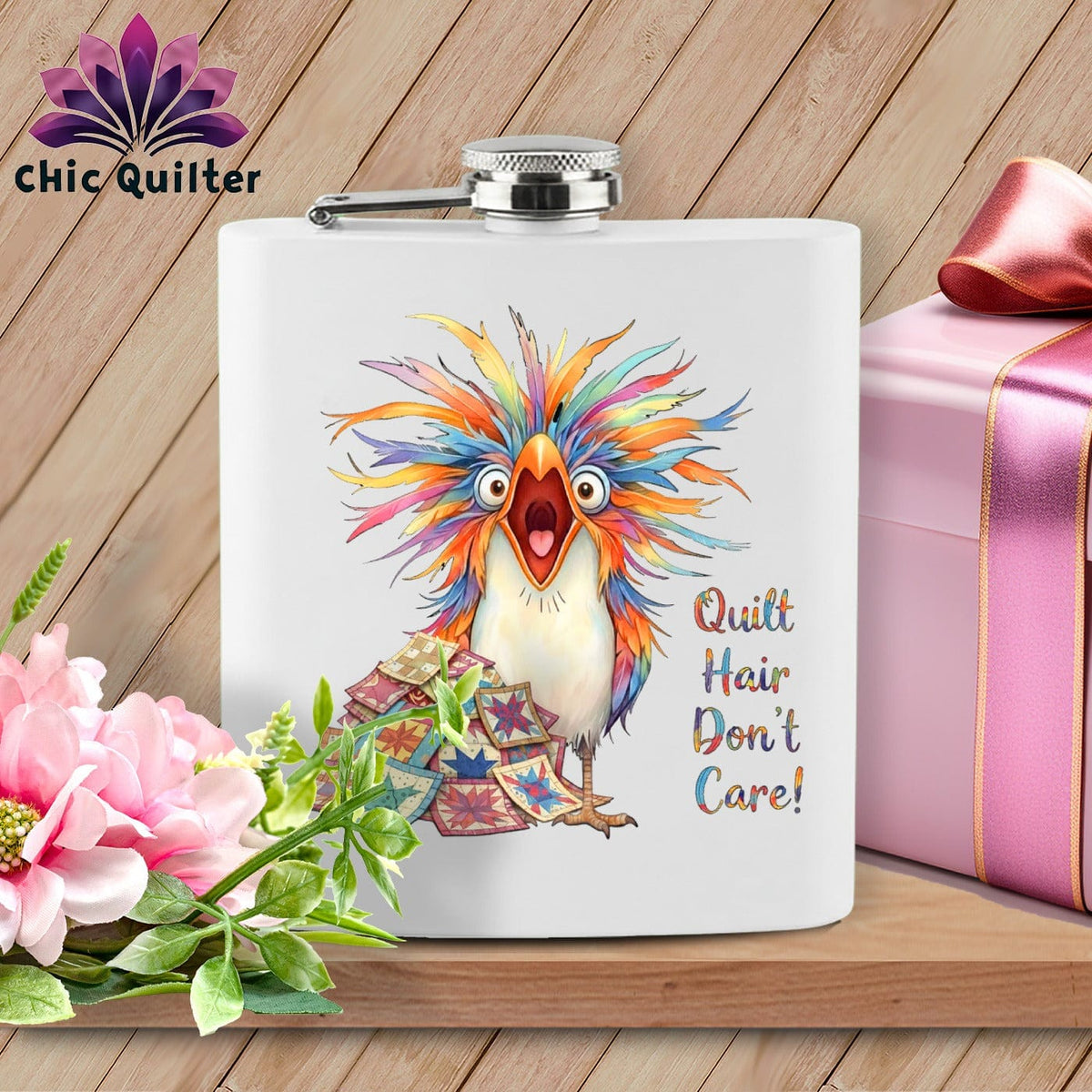 MyDesigns Physical Item 6oz / White Quilt Hair Don’t Care ~ Chaos Finch ~ Quilter's Flask