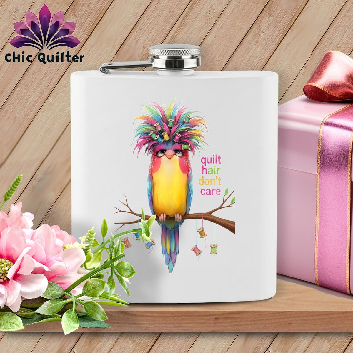 MyDesigns Physical Item 6oz / White Quilt Hair Don’t Care ~ Curlene Spoolworth ~ Quilter's Flask