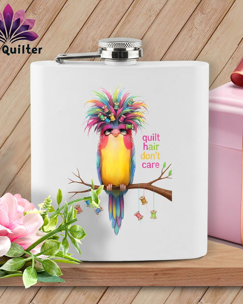 MyDesigns Physical Item 6oz / White Quilt Hair Don’t Care ~ Curlene Spoolworth ~ Quilter's Flask