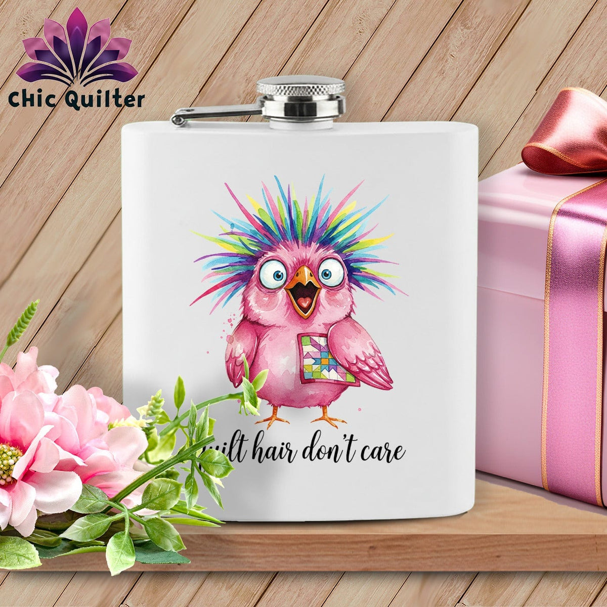 MyDesigns Physical Item 6oz / White Quilt Hair Don’t Care ~ Peaches Plume ~ Quilter's Flask