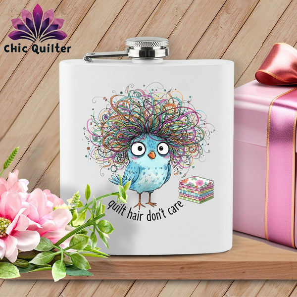 MyDesigns Physical Item 6oz / White Quilt Hair Don’t Care ~ Puffin Bea ~ Quilter's Flask
