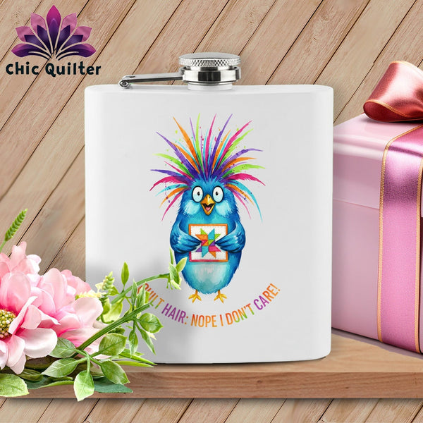 MyDesigns Physical Item 6oz / White Quilt Hair Don’t Care ~ Ruckus Jay ~ Quilter's Flask