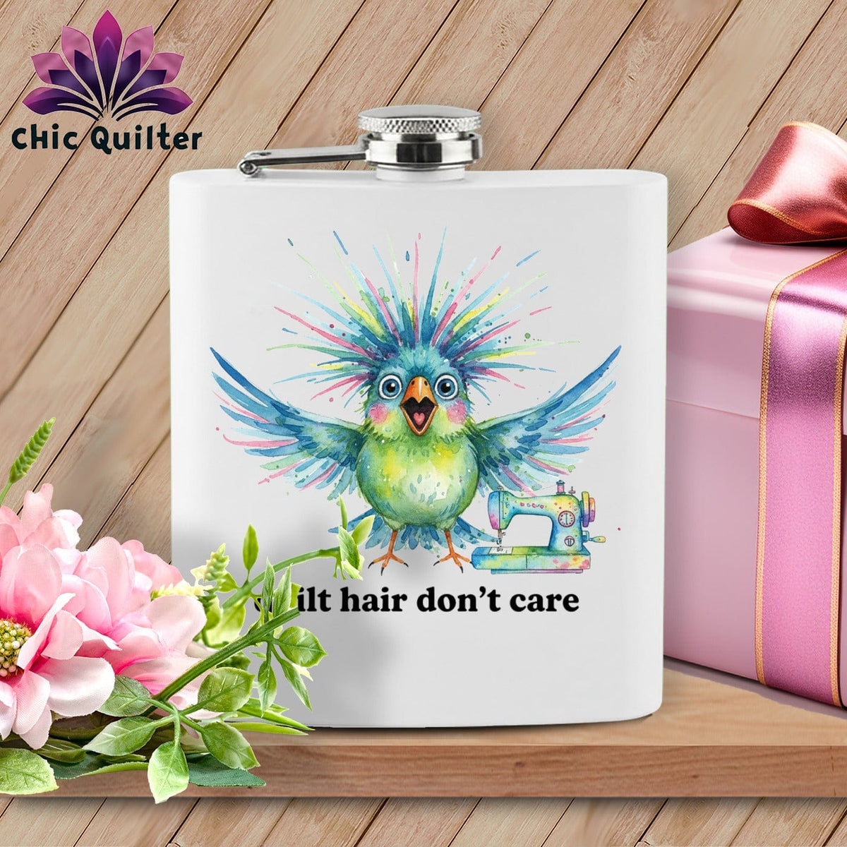 MyDesigns Physical Item 6oz / White Quilt Hair Don’t Care ~ Ziggy Bobbin ~ Quilter's Flask