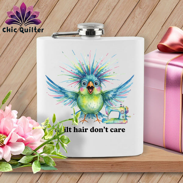 MyDesigns Physical Item 6oz / White Quilt Hair Don’t Care ~ Ziggy Bobbin ~ Quilter's Flask
