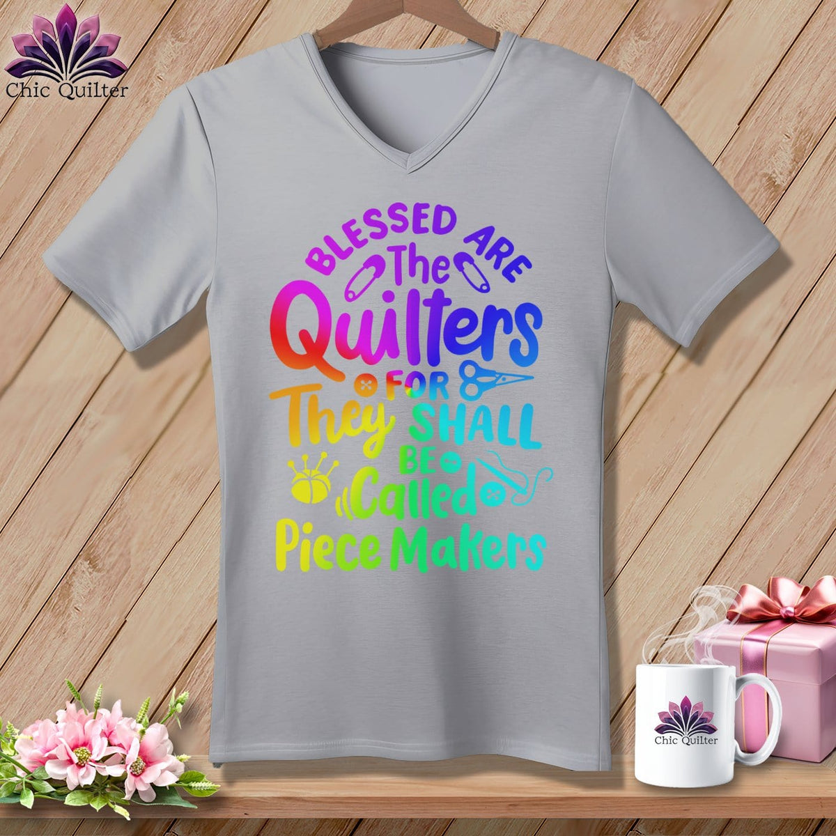 MyDesigns Physical Item Athletic Heather / S Blessed Are the Quilters For They Shall Be Called Piece Makers ~SuperSoft V-Neck Tee