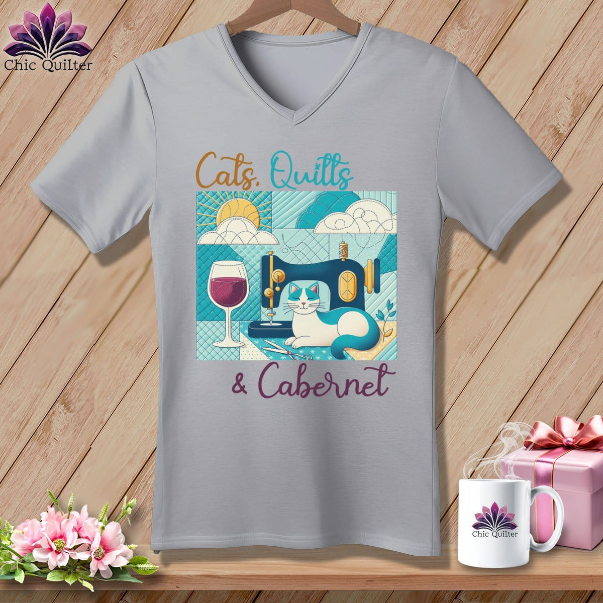 MyDesigns Physical Item Athletic Heather / S Cats Quilts and Cabernet ~ SuperSoft V-Neck Tee