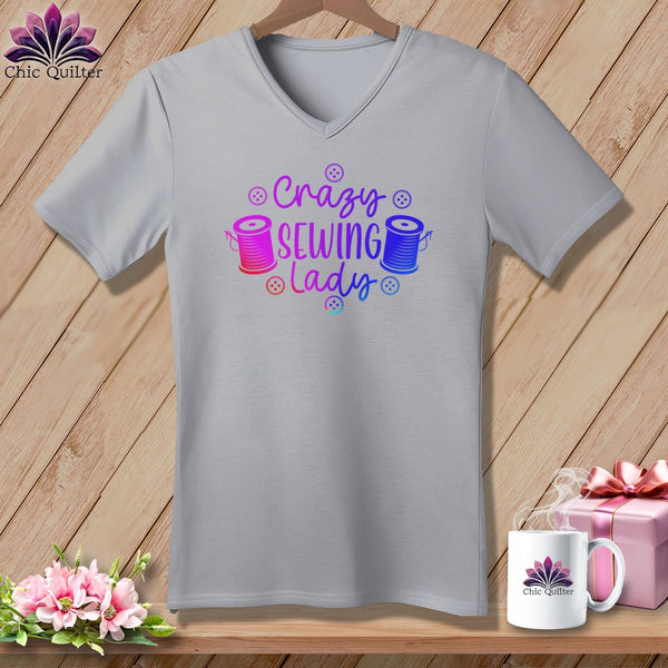 MyDesigns Physical Item Athletic Heather / S Crazy sewing lady ~SuperSoft V-Neck Tee