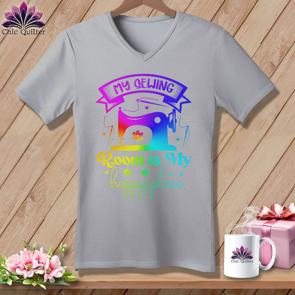 MyDesigns Physical Item Athletic Heather / S My Sewing Room Is My Happy Place ~SuperSoft V-Neck Tee