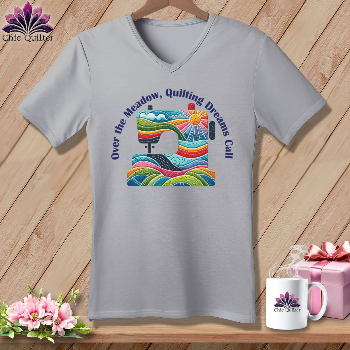 MyDesigns Physical Item Athletic Heather / S Over the Meadow, Quilting Dreams Call Orange ~ SuperSoft V-Neck Tee