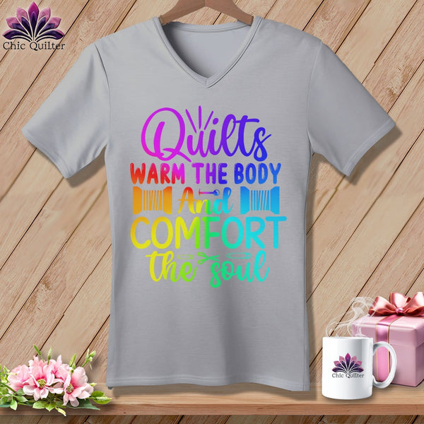 MyDesigns Physical Item Athletic Heather / S Quilts Warm the Body and Comfort the soul ~SuperSoft V-Neck Tee