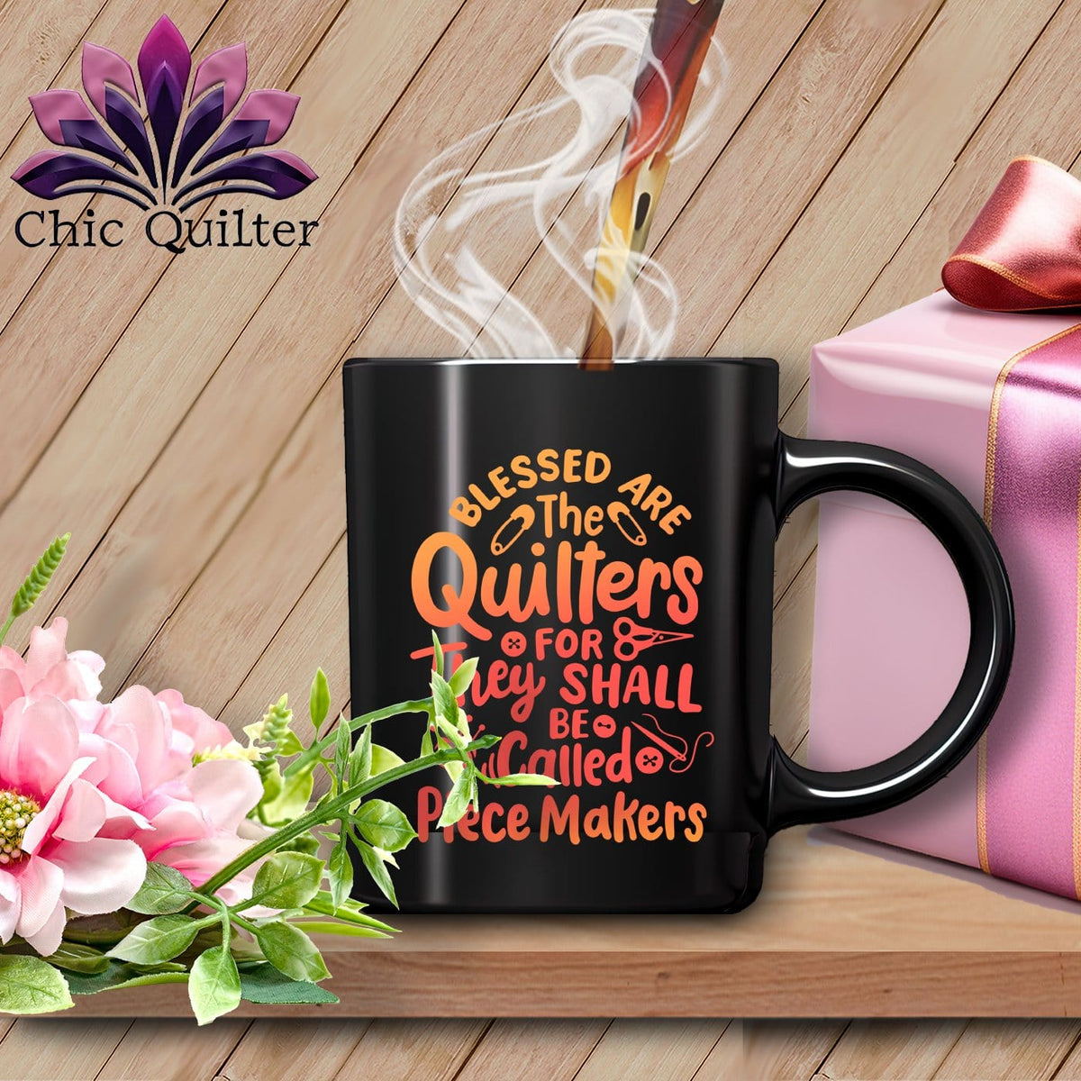 MyDesigns Physical Item Black Mug | Orange Print / Black / 15oz Blessed Are the Quilters For They Shall Be Called Piece Makers ~ 15oz Large Coffee Mug