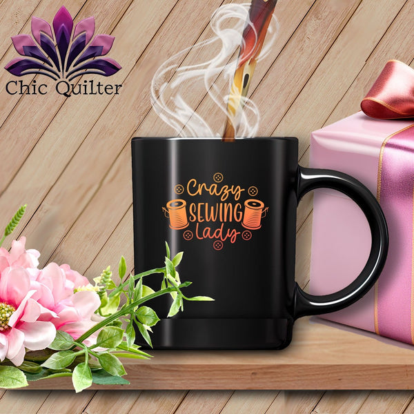 MyDesigns Physical Item Black Mug | Orange Print / Black / 15oz Crazy sewing lady ~ 15oz Large Coffee Mug