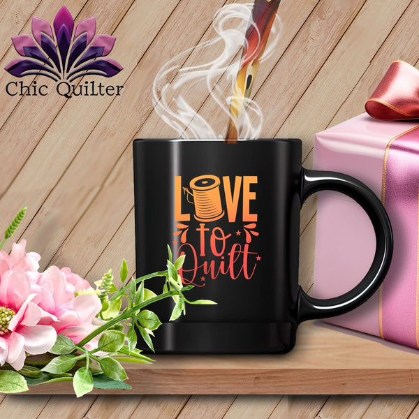 MyDesigns Physical Item Black Mug | Orange Print / Black / 15oz Love to Quilt ~ 15oz Large Coffee Mug