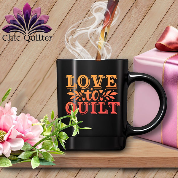 MyDesigns Physical Item Black Mug | Orange Print / Black / 15oz Love to Quilt ~ 15oz Large Coffee Mug