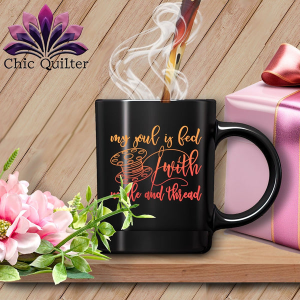 MyDesigns Physical Item Black Mug | Orange Print / Black / 15oz My soul is fed with a needle and thread ~ 15oz Large Coffee Mug