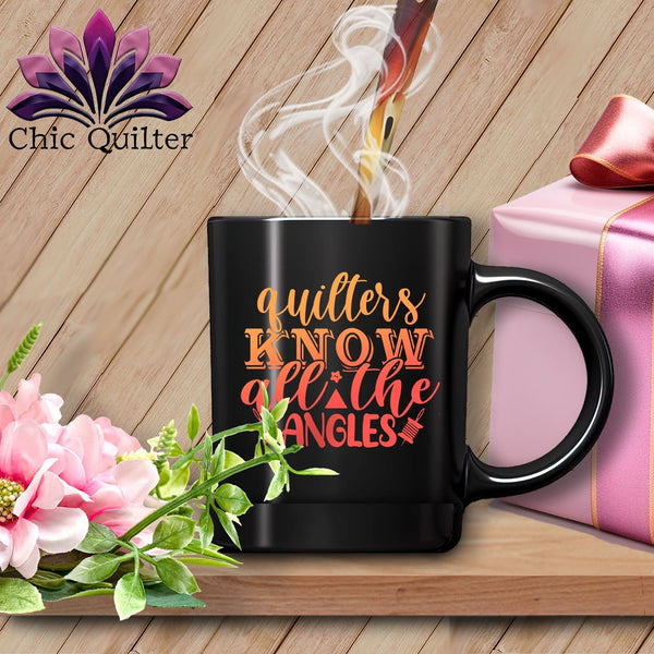 MyDesigns Physical Item Black Mug | Orange Print / Black / 15oz Quilters Know All the Angles ~ 15oz Large Coffee Mug