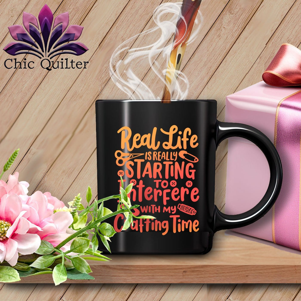 MyDesigns Physical Item Black Mug | Orange Print / Black / 15oz Real Life is Really Starting to Interfere with my Crafting Time ~ 15oz Large Coffee Mug