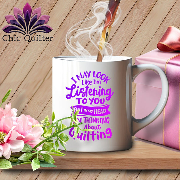 MyDesigns Physical Item Black Mug | Purple Print / White / 15oz I May Look Like Im LIstening ~ 15 oz Ceramic Mug