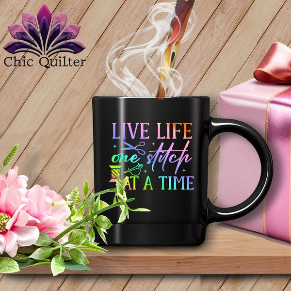 MyDesigns Physical Item Black Mug | Rainbow / Black / 15oz Live Life One Stitch at a Time ~ 15oz Large Coffee Mug