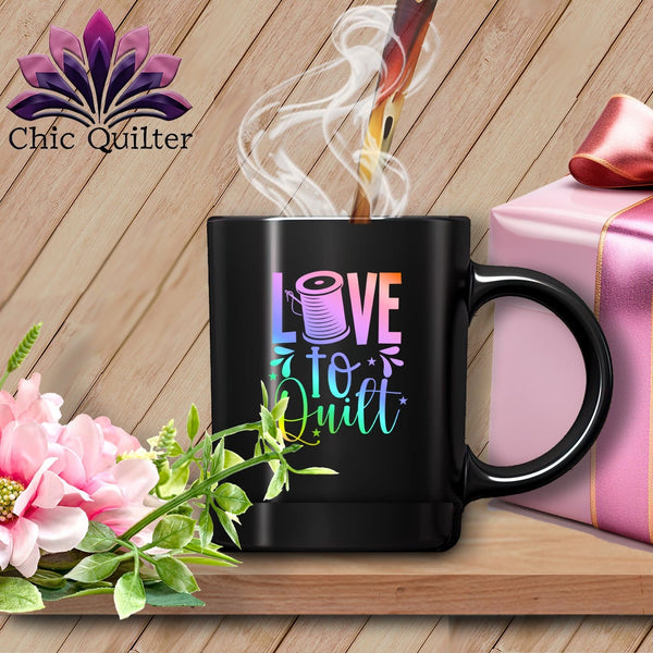 MyDesigns Physical Item Black Mug | Rainbow / Black / 15oz Love to Quilt ~ 15oz Large Coffee Mug