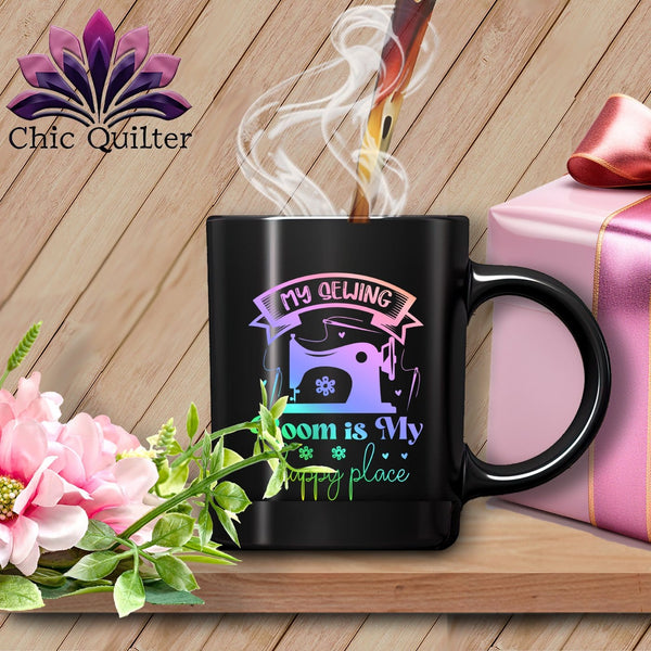 MyDesigns Physical Item Black Mug | Rainbow / Black / 15oz My Sewing Room Is My Happy Place ~ 15oz Large Coffee Mug