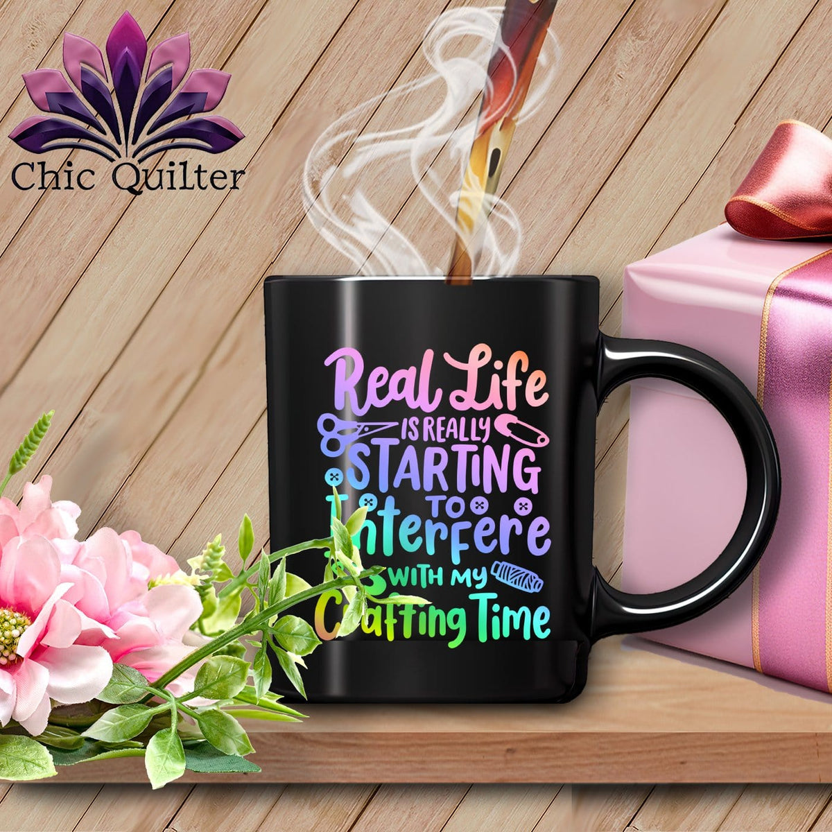 MyDesigns Physical Item Black Mug | Rainbow / Black / 15oz Real Life is Really Starting to Interfere with my Crafting Time ~ 15oz Large Coffee Mug