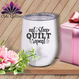 MyDesigns Physical Item Black Print / White / 12 oz Eat Slep Quilt Repeat ~ 12oz Wine Tumbler with Lid