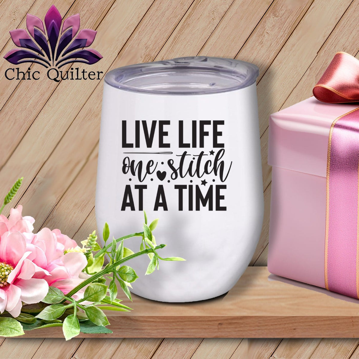 MyDesigns Physical Item Black Print / White / 12 oz Live Life One Stitch at a Time ~ 12oz Wine Tumbler with Lid