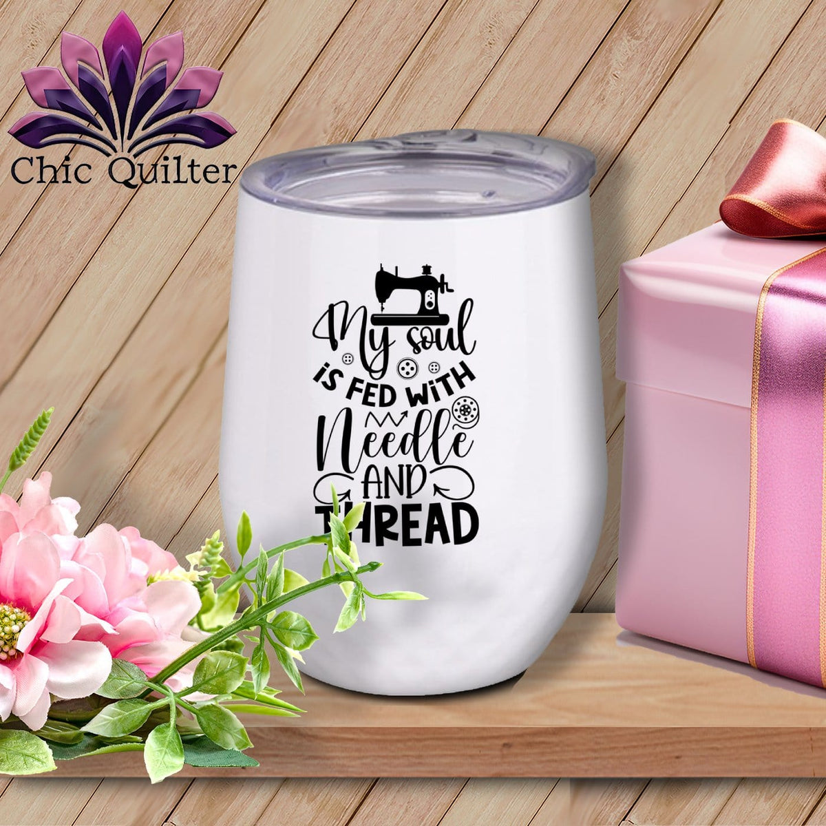 MyDesigns Physical Item Black Print / White / 12 oz My Soul is Fed with Needle and Thread ~ 12oz Wine Tumbler with Lid