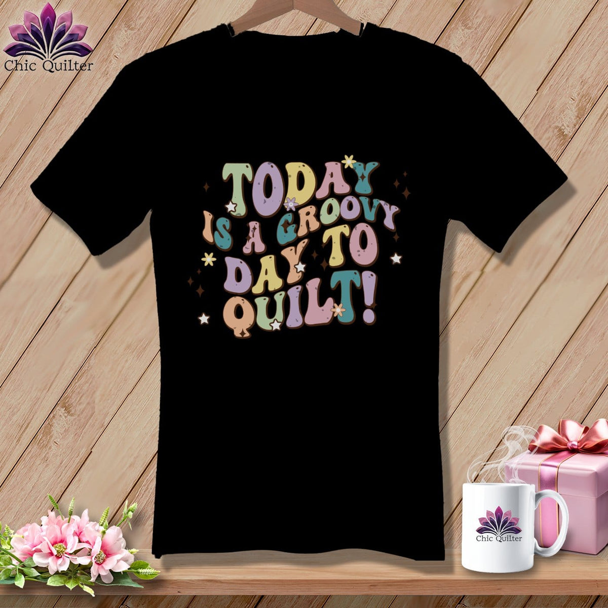 MyDesigns Physical Item Black / S Today is a Groovy Day to Quilt ~ SuperSoft V-Neck Tee