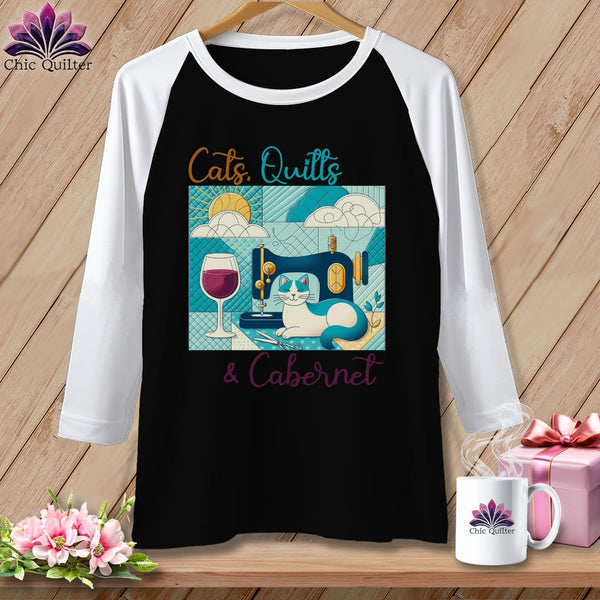 MyDesigns Physical Item Black/White / S Cats Quilts and Cabernet ~ Raglan 3/4 Sleeve Tee