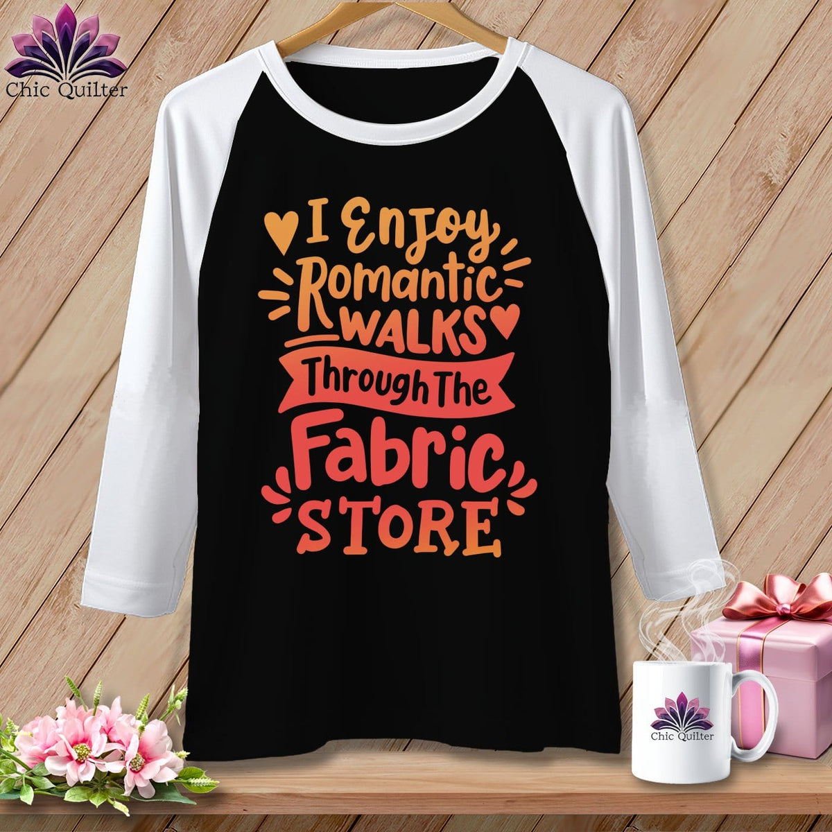 MyDesigns Physical Item Black/White / S I Enjoy Romantic Walks Through the Fabric Store ~ Raglan 3/4 Sleeve Tee