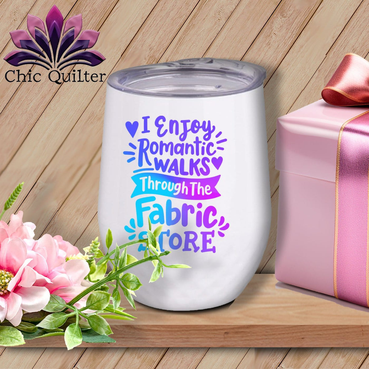 MyDesigns Physical Item Blurple Print / White / 12 oz I Enjoy Romantic Walks Through the Fabric Store ~ 12oz Wine Tumbler with Lid