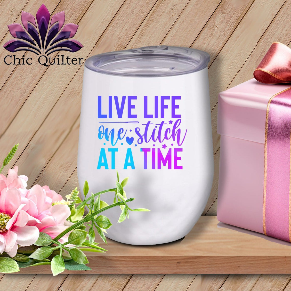 MyDesigns Physical Item Blurple Print / White / 12 oz Live Life One Stitch at a Time ~ 12oz Wine Tumbler with Lid