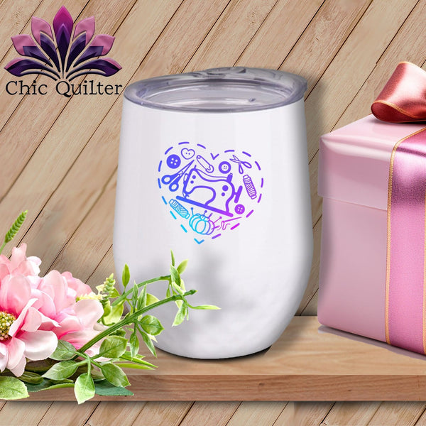 MyDesigns Physical Item Blurple Print / White / 12 oz Quilting Heart ~ 12oz Wine Tumbler with Lid