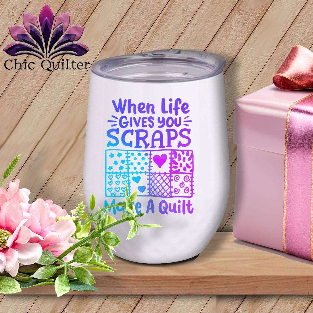 MyDesigns Physical Item Blurple Print / White / 12 oz When Life Gives You Scraps ~ 12oz Wine Tumbler with Lid