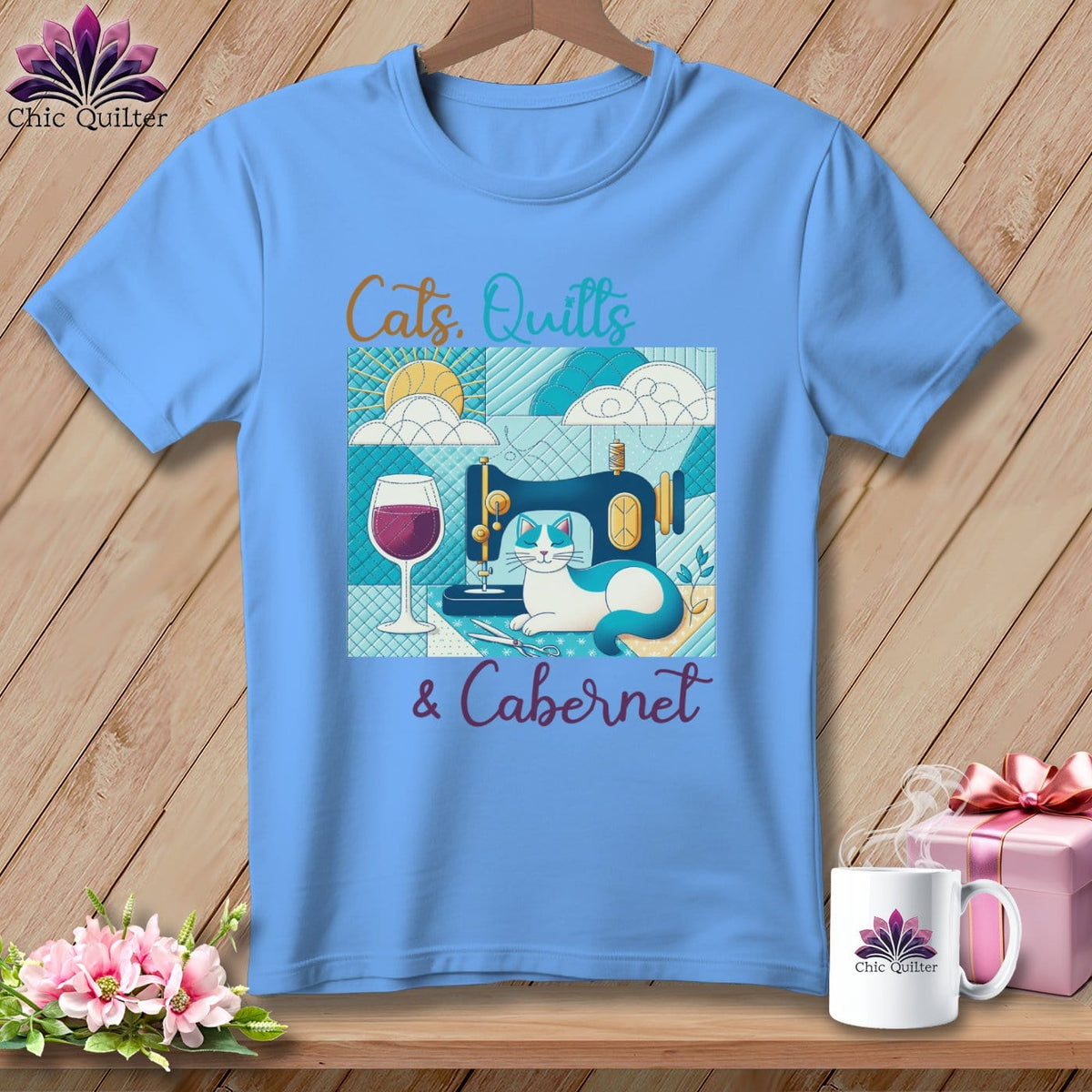 MyDesigns Physical Item Carolina Blue / S Cats Quilts and Cabernet ~ SuperSoft Relaxed Fit Tee