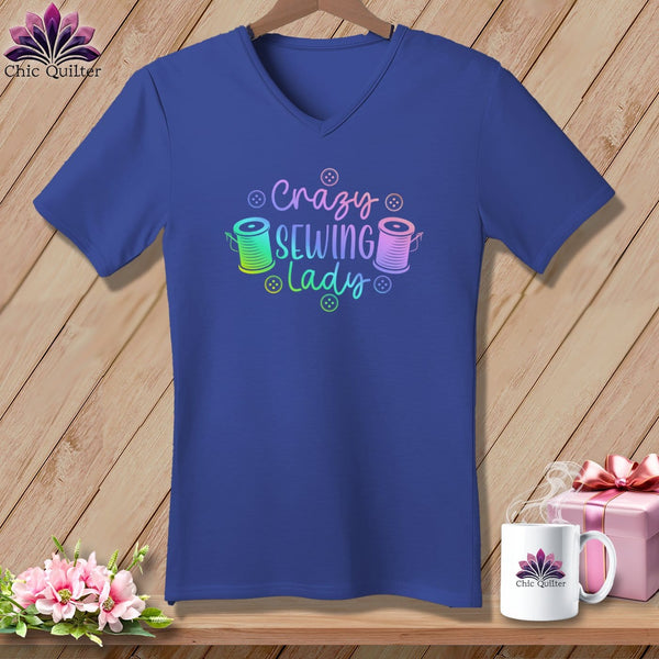 MyDesigns Physical Item Heather True Royal / S Crazy sewing lady ~SuperSoft V-Neck Tee