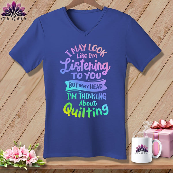 MyDesigns Physical Item Heather True Royal / S I May Look Like I'm LIstening ~SuperSoft V-Neck Tee