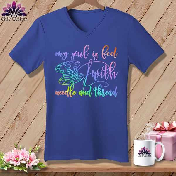 MyDesigns Physical Item Heather True Royal / S My soul is fed with a needle and thread ~SuperSoft V-Neck Tee