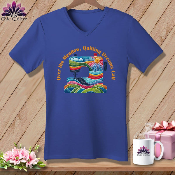 MyDesigns Physical Item Heather True Royal / S Over the Meadow, Quilting Dreams Call Orange ~ SuperSoft V-Neck Tee