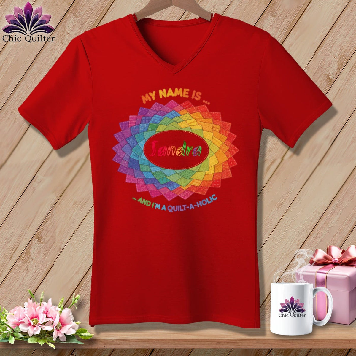 MyDesigns Physical Item M / Red Personalized Rainbow Quilt Spiral ~ V-Neck Tee