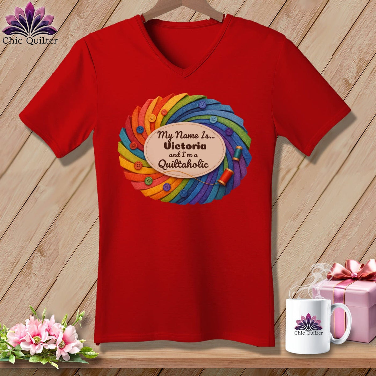 MyDesigns Physical Item M / Red Quilter’s Personalized Whirl ~ V-Neck Tee